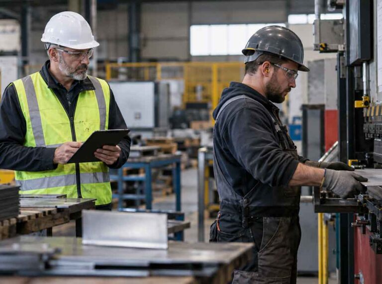 profissional de sst realiza avaliação de riscos ocupacionais em posto de trabalho industrial