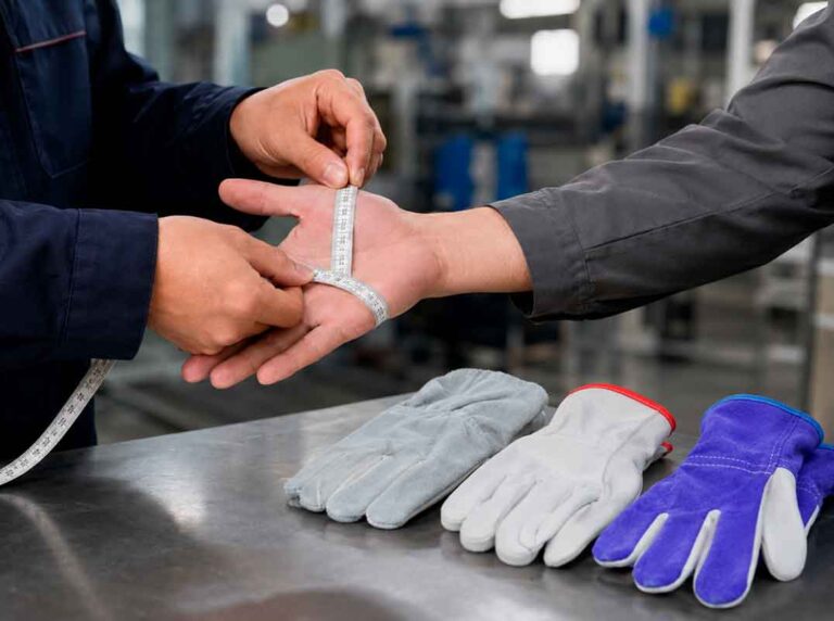 profissional medindo a circunferência da palma da mão de um trabalhador com fita métrica para definir o tamanho de luva adequado, com três luvas de segurança sobre uma mesa metálica