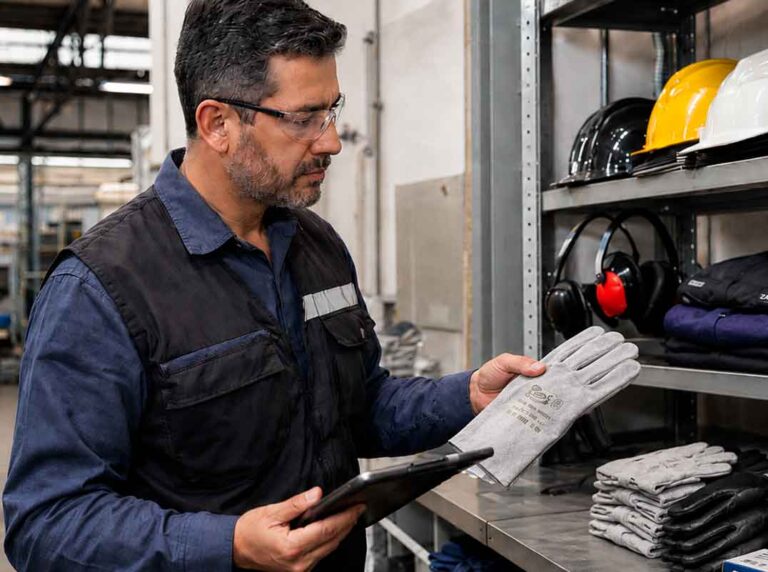 profissional com óculos de segurança inspeciona uma luva de proteção em um almoxarifado industrial ilustrando a rotina prática de gestão de epi