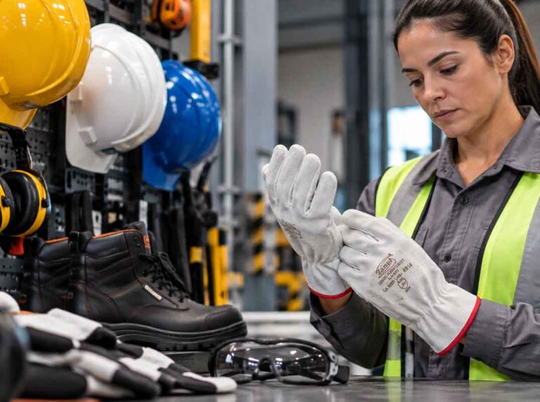 profissional de sst usando luvas de vaqueta em ambiente industrial para aplicação da nr 6