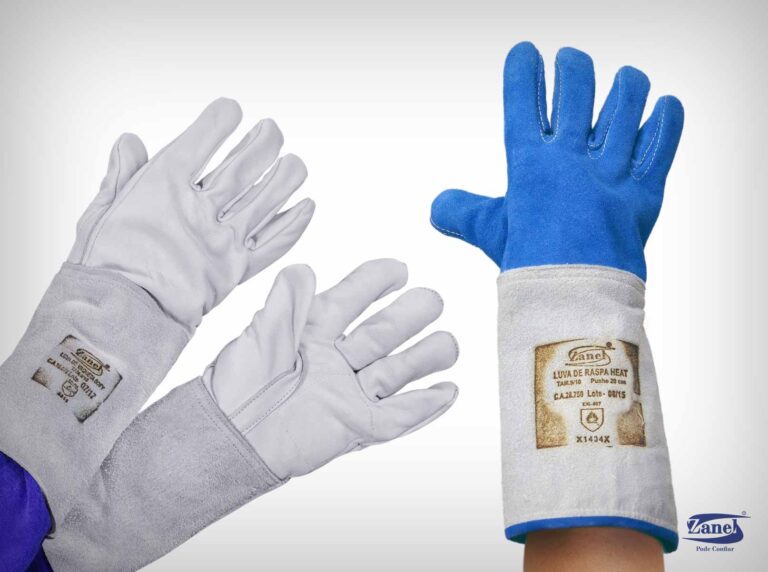 Luvas de Raspa e de Vaqueta: 3 luvas de segurança Zanel: par de vaqueta cinza clara e luva de raspa Heat azul.