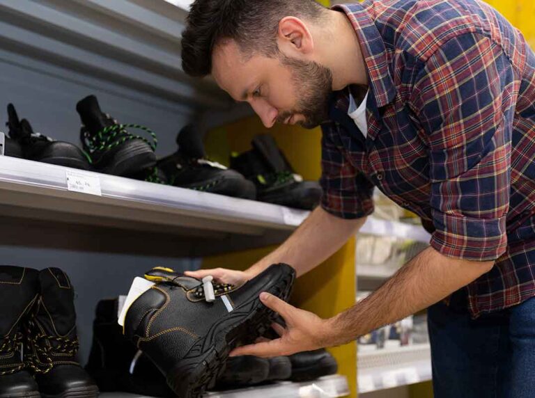 homem analisando criteriosamente uma bota de segurança em uma loja de epis para assegurar a conformidade técnica e proteção do trabalhador