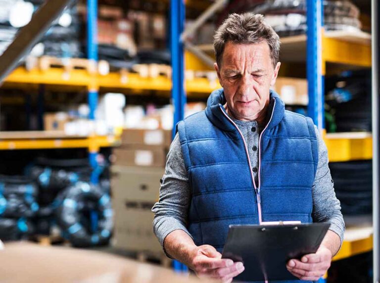 dono de revenda de epi conferindo prancheta no estoque e analisando a necessidade de prospecção de clientes epi para aumentar o giro de produtos