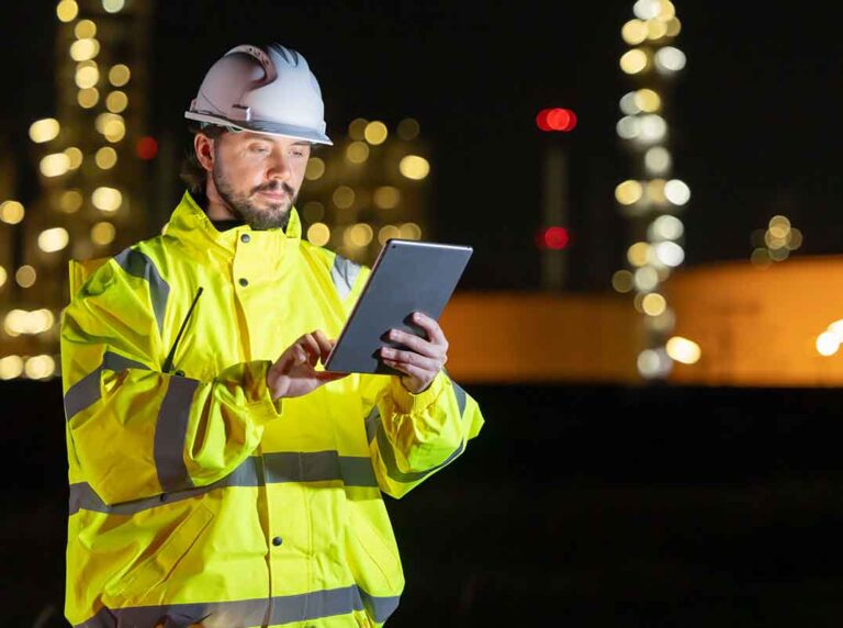 técnico de segurança do trabalho com capacete e jaqueta refletiva usando um tablet para gerenciar as atribuições do técnico de segurança do trabalho em uma planta industrial à noite