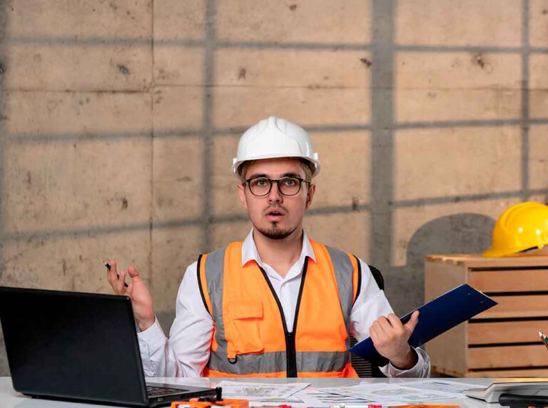 profissional de sst com capacete branco e colete refletivo sentado em uma mesa com computador e documentos demonstrando expressao de sobrecarga e espanto o que ilustra as consequencias da desorganizacao e dos riscos psicossociais na nr-1