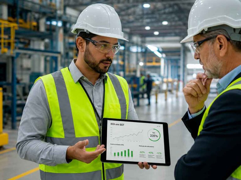 profissional de segurança do trabalho mostra tablet com resultados de sst como investimento para gestor em uma fábrica
