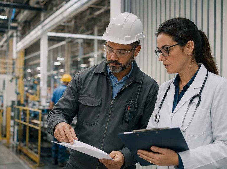 médica do trabalho de jaleco e estetoscópio e trabalhador industrial com capacete branco e óculos de segurança analisando um documento juntos no chão de fábrica, representando a aplicação do pcmso no ambiente de trabalho