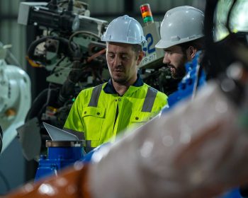profissionais de segurança avaliando um equipamento industrial em atividade relacionada à análise fmea