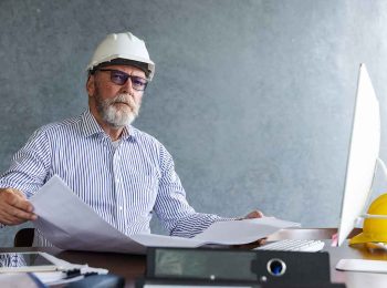 técnico de segurança do trabalho experiente com capacete branco e óculos revisando documentos técnicos em seu escritório. A imagem representa a fase de transição e o desejo de saber como se tornar engenheiro de segurança do trabalho para alcançar cargos estratégicos.