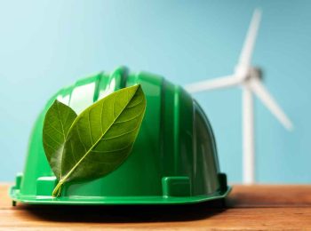 capacete de segurança verde com folhas sobre mesa de madeira e turbina eólica ao fundo representando a integração entre esg e sst