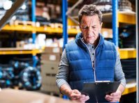 dono de revenda de epi conferindo prancheta no estoque e analisando a necessidade de prospecção de clientes epi para aumentar o giro de produtos