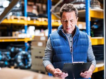 dono de revenda de epi conferindo prancheta no estoque e analisando a necessidade de prospecção de clientes epi para aumentar o giro de produtos