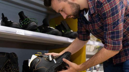 homem analisando criteriosamente uma bota de segurança em uma loja de epis para assegurar a conformidade técnica e proteção do trabalhador
