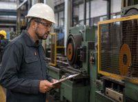 homem com capacete branco, óculos de segurança e protetor auricular segura uma prancheta enquanto inspeciona uma máquina industrial com grade de proteção amarela. a cena ilustra a identificação de perigo e risco ocupacional no chão de fábrica.