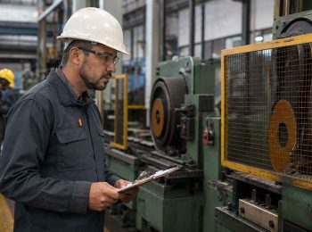 homem com capacete branco, óculos de segurança e protetor auricular segura uma prancheta enquanto inspeciona uma máquina industrial com grade de proteção amarela. a cena ilustra a identificação de perigo e risco ocupacional no chão de fábrica.