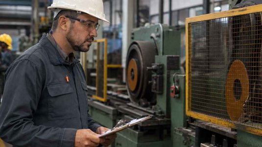 homem com capacete branco, óculos de segurança e protetor auricular segura uma prancheta enquanto inspeciona uma máquina industrial com grade de proteção amarela. a cena ilustra a identificação de perigo e risco ocupacional no chão de fábrica.