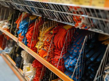 prateleira com luvas de segurança coloridas organizadas em ganchos expositores ilustrando um bom layout de loja de epi para facilitar a pega