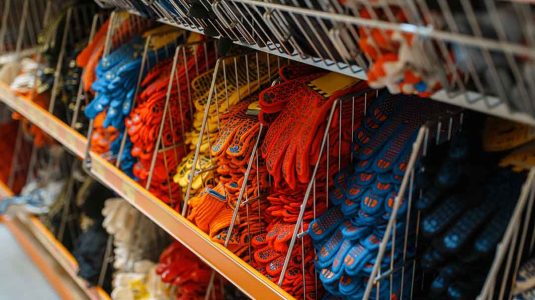 prateleira com luvas de segurança coloridas organizadas em ganchos expositores ilustrando um bom layout de loja de epi para facilitar a pega