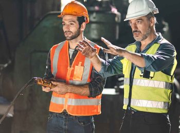 dois profissionais no chão de fábrica. o profissional de sst com capacete branco e colete amarelo orienta o operador que segura um controle, ilustrando a liderança em segurança do trabalho na prática.