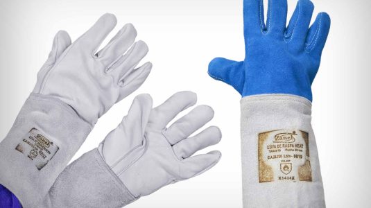 Luvas de Raspa e de Vaqueta: 3 luvas de segurança Zanel: par de vaqueta cinza clara e luva de raspa Heat azul.