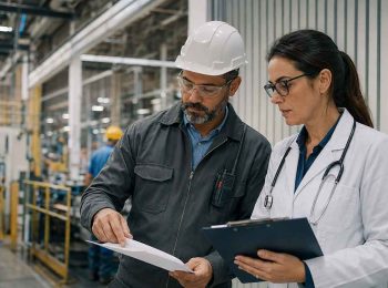médica do trabalho de jaleco e estetoscópio e trabalhador industrial com capacete branco e óculos de segurança analisando um documento juntos no chão de fábrica, representando a aplicação do pcmso no ambiente de trabalho
