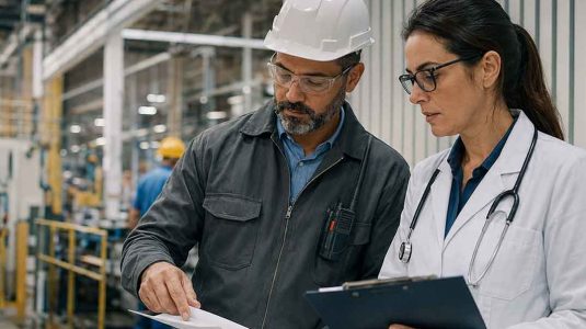 médica do trabalho de jaleco e estetoscópio e trabalhador industrial com capacete branco e óculos de segurança analisando um documento juntos no chão de fábrica, representando a aplicação do pcmso no ambiente de trabalho