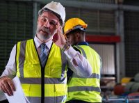 gestor industrial preocupado segurando documentos em uma fábrica retratando o receio de receber uma multa por falta de epi e sanções da fiscalização