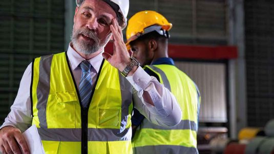 gestor industrial preocupado segurando documentos em uma fábrica retratando o receio de receber uma multa por falta de epi e sanções da fiscalização