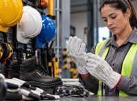 profissional de sst usando luvas de vaqueta em ambiente industrial para aplicação da nr 6
