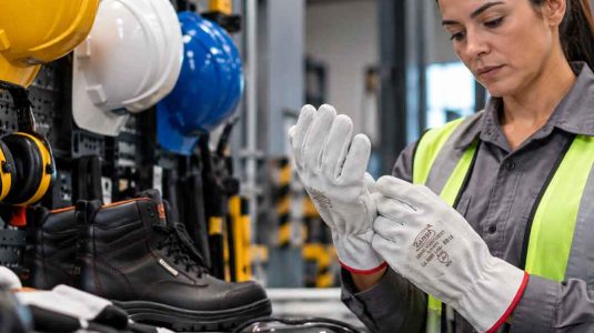 profissional de sst usando luvas de vaqueta em ambiente industrial para aplicação da nr 6