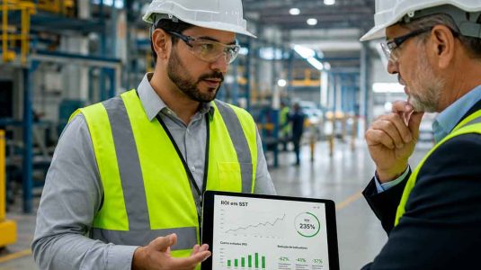 profissional de segurança do trabalho mostra tablet com resultados de sst como investimento para gestor em uma fábrica